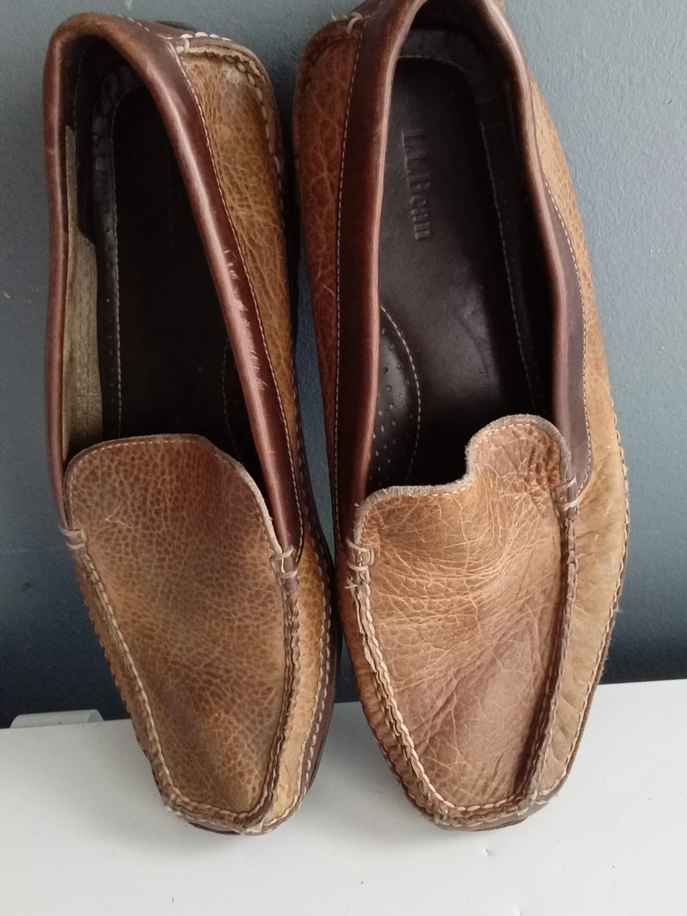 LL Bean Mens Pebble Grain‎ Leather Driving Moccasin Loafers Tan Brown Slip On